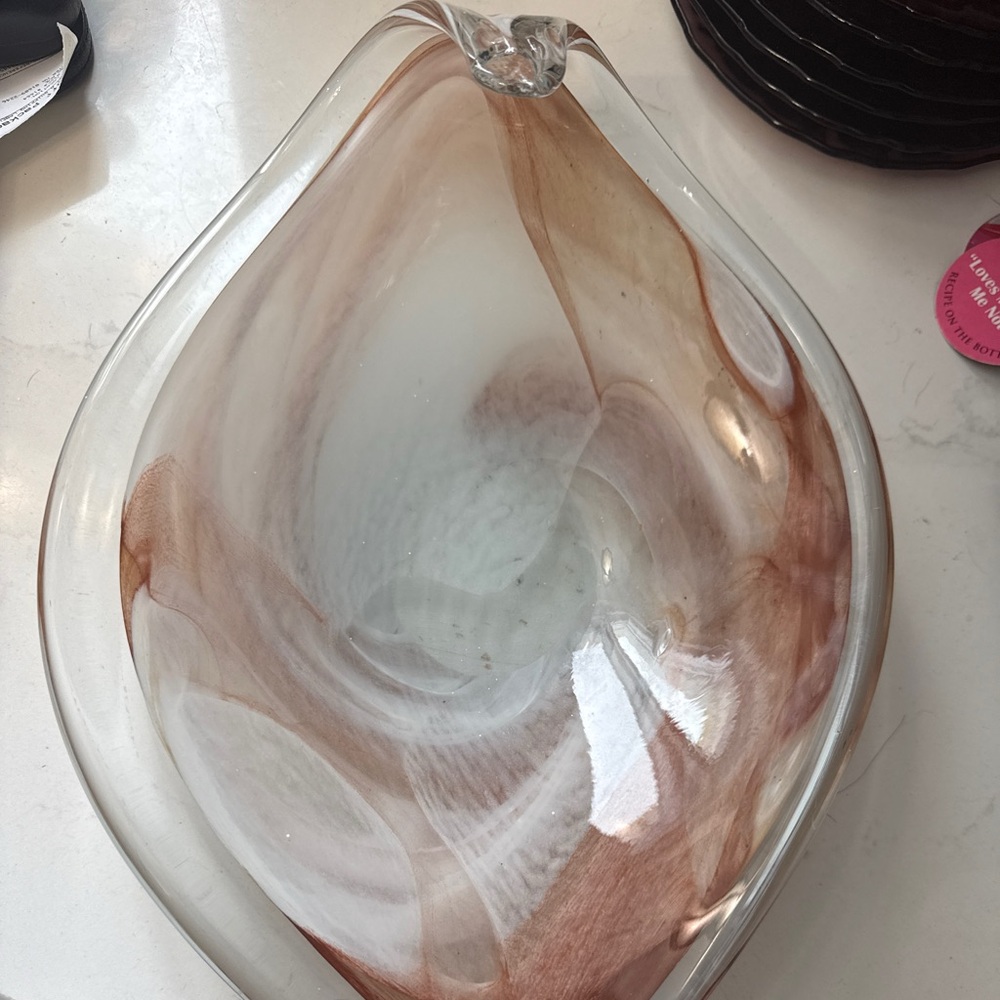 Vintage MCM Hand Blown Art Glass centerpiece bowl amber and cream swirl